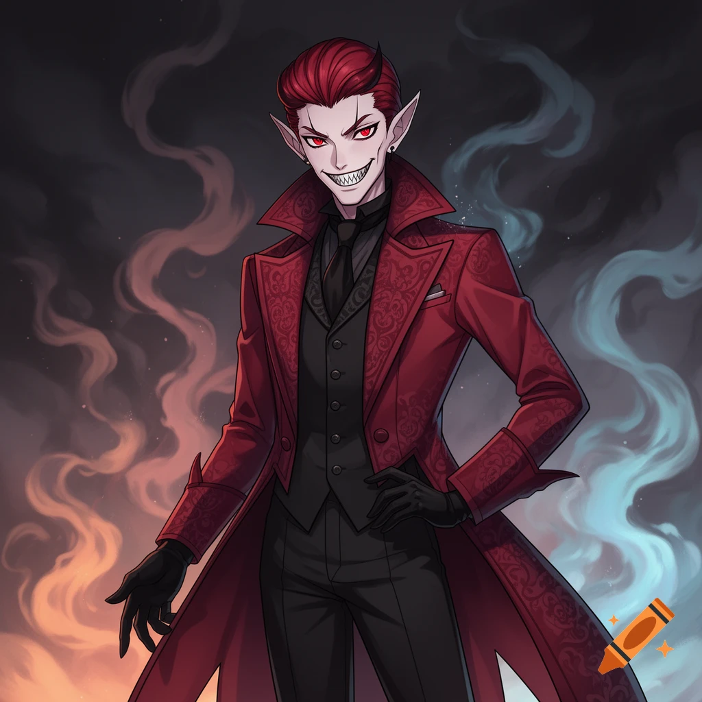 An anime-style illustration of a demon-like character with red hair, pointed ears, red eyes, and a wide, sharp-toothed grin, wearing a black suit and a long, ornate red coat, standing against a smoky background with orange and blue hues.
