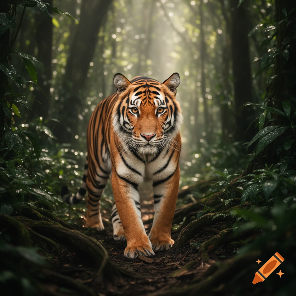 A photorealistic tiger with orange and black stripes walks through a lush, misty jungle with sunlight filtering through.