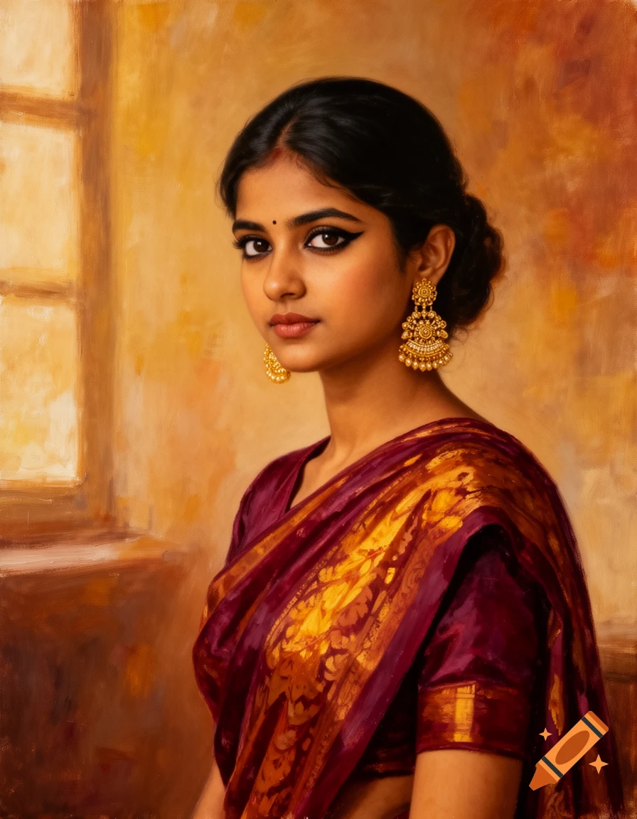 An oil painting portrait of an Indian woman in a maroon and gold saree, wearing large gold earrings, looking forward.