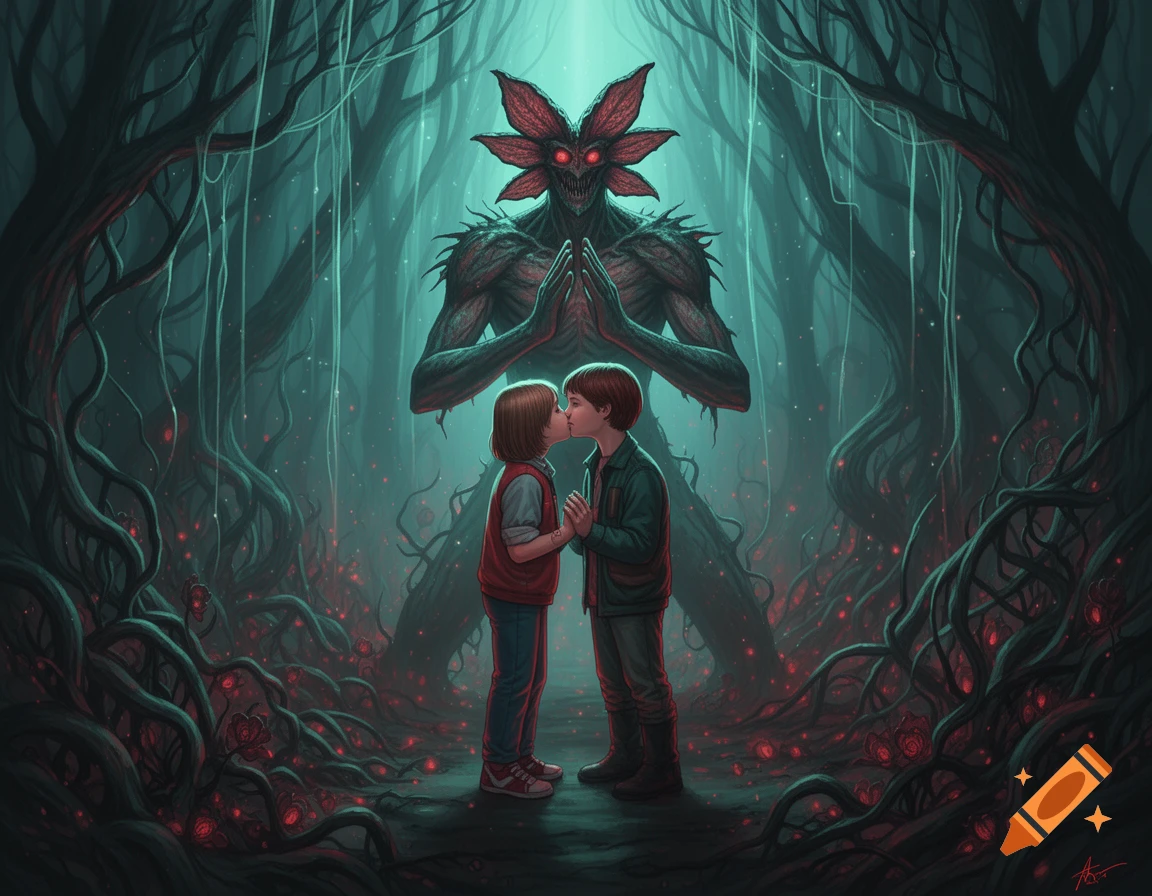 Two children, Eleven and Will, kiss in a dark, gnarled forest while a Demogorgon monster with red eyes claps behind them, digital art.