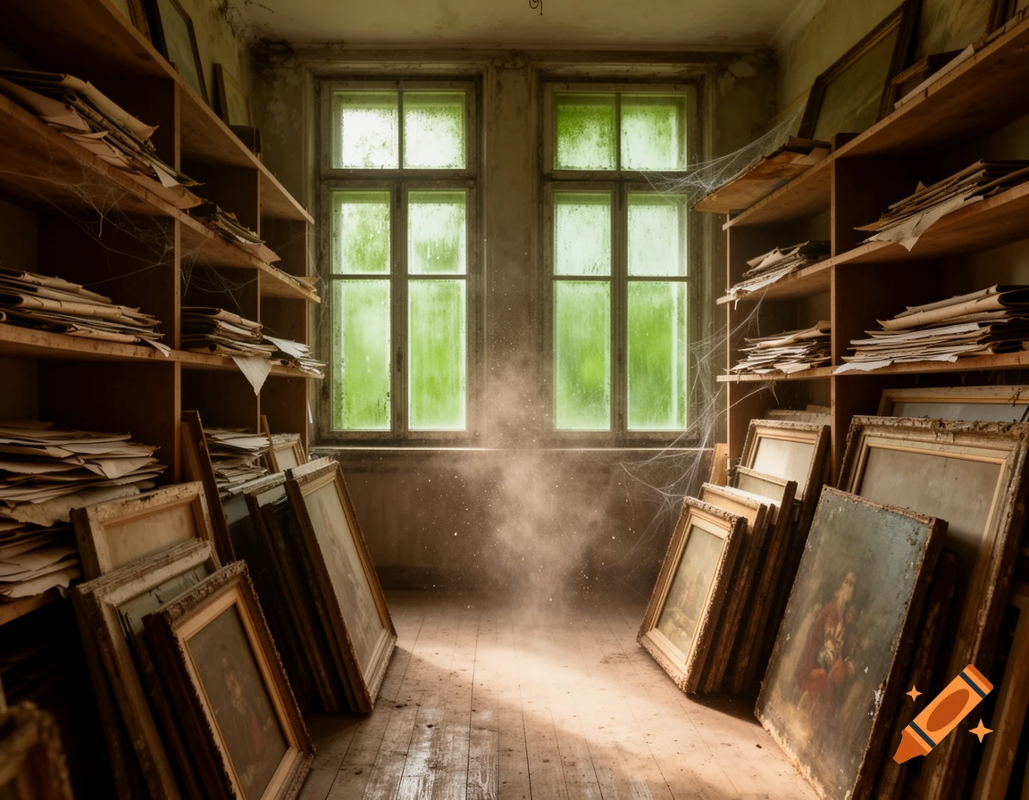 Dusty, abandoned room with shelves of papers and framed paintings, illuminated by light from grimy windows.