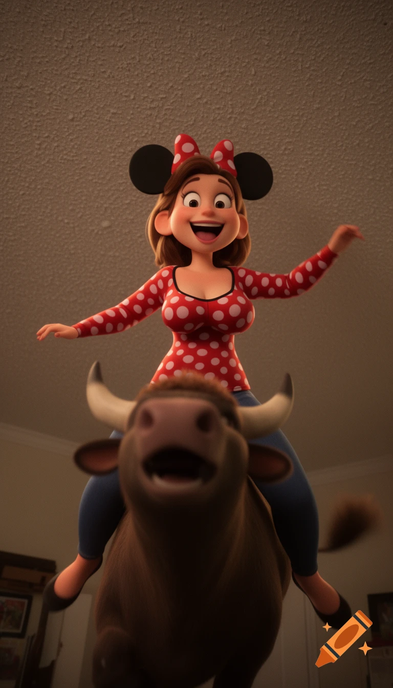 A 3D animated woman in a Minnie Mouse-inspired outfit smiles while riding a blurry brown bull.