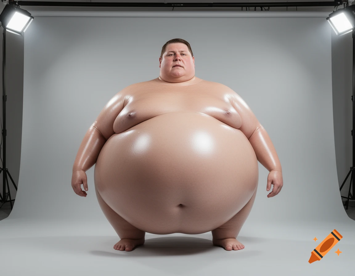 A very large, shirtless person with shiny skin stands in a brightly lit photography studio.