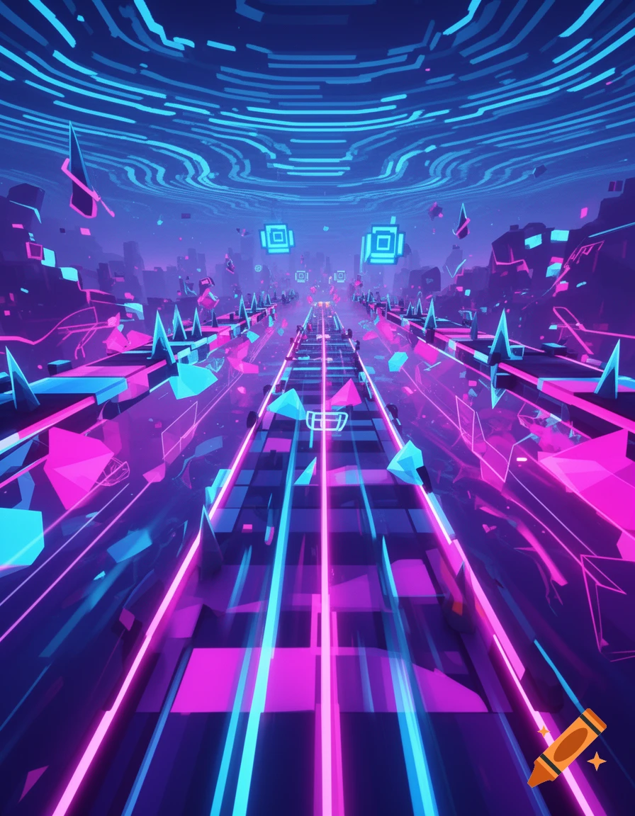 A vibrant, futuristic neon landscape with glowing blue and pink lines creating a path, abstract geometric shapes, and a digital sky.