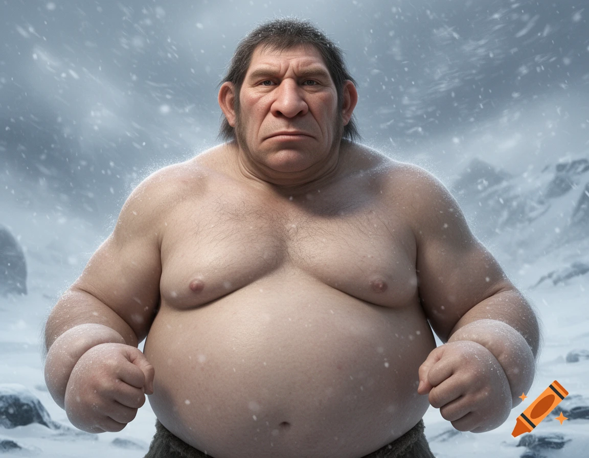 A heavily built, shirtless Neanderthal man with a large head, broad nose, and thick features stands in a snowy blizzard, looking forward intensely.