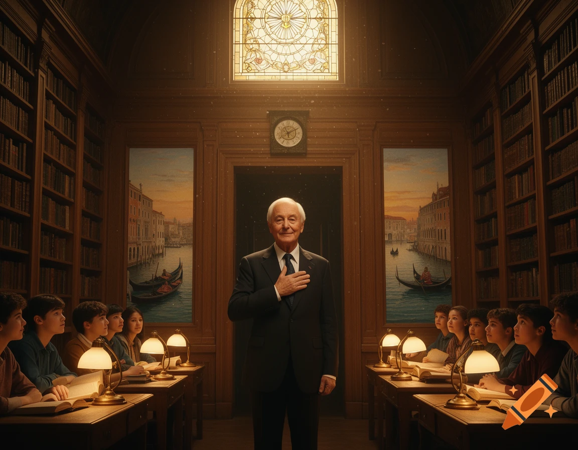 A smiling older man with his hand on his chest addresses children in a warm, wood-paneled library with Venice paintings and a stained-glass window.