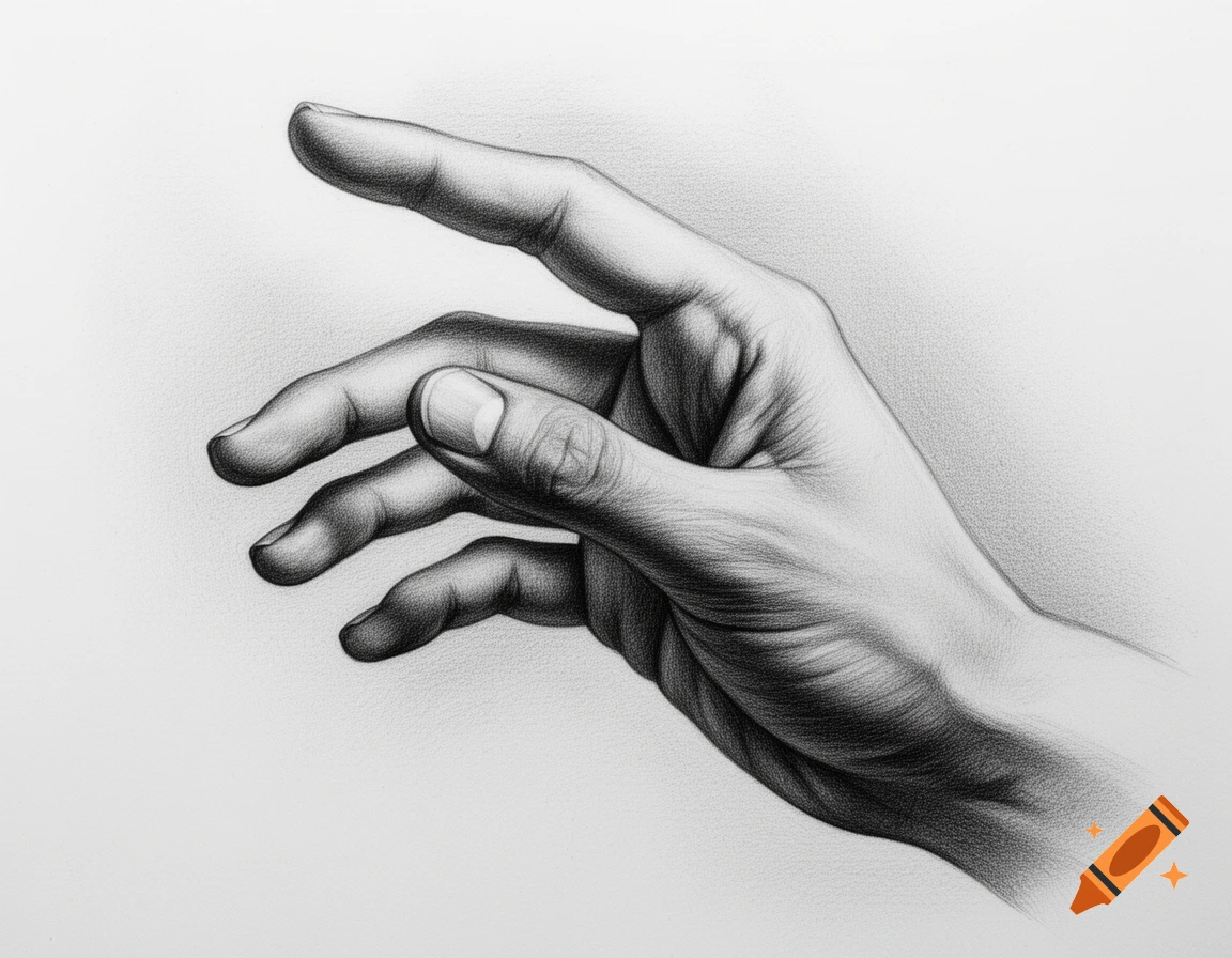 A detailed grayscale pencil drawing of a human hand, with fingers slightly curled, against a plain white background.