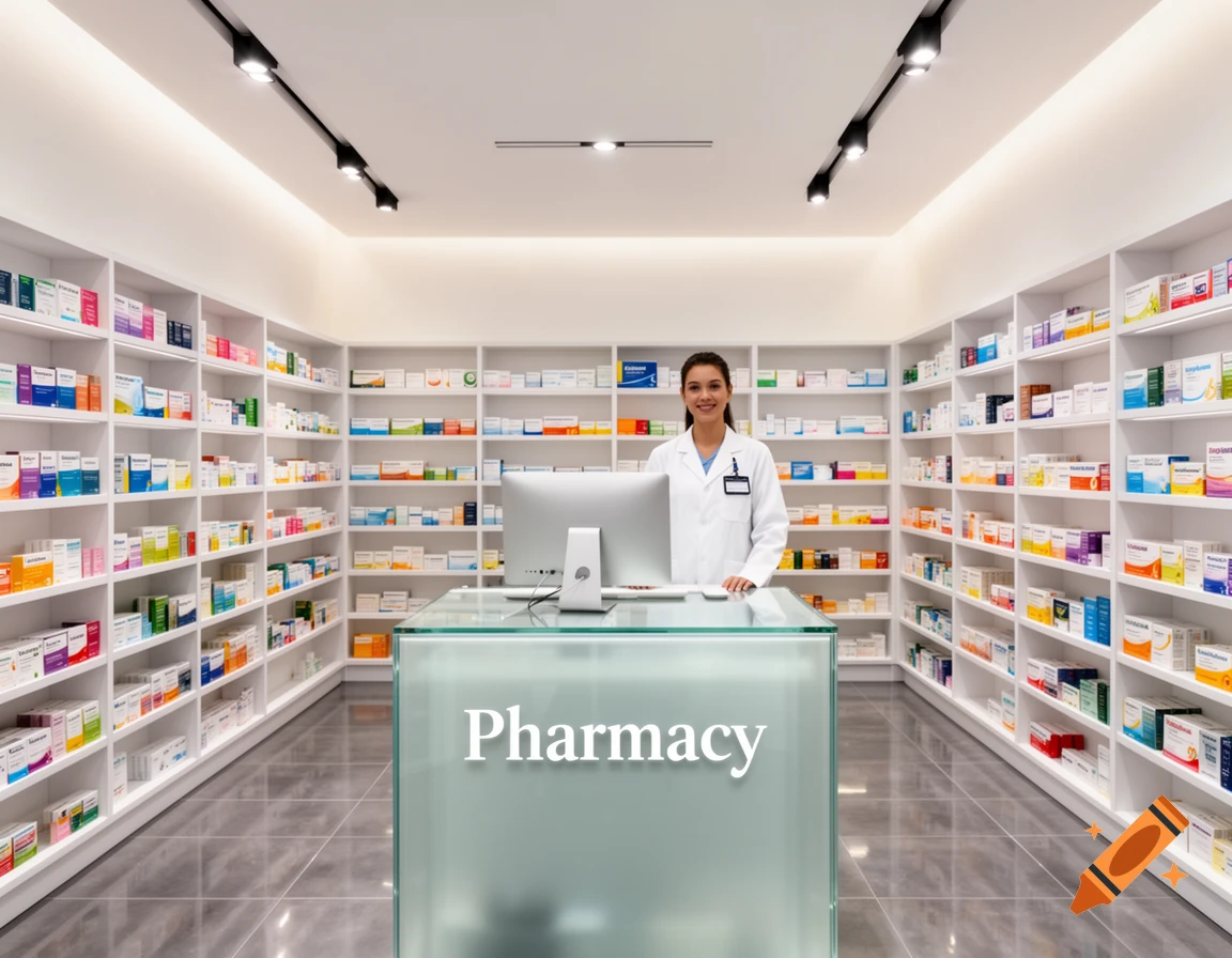 A smiling female pharmacist stands behind a glass counter with 'Pharmacy' written on it, surrounded by shelves stocked with medication.