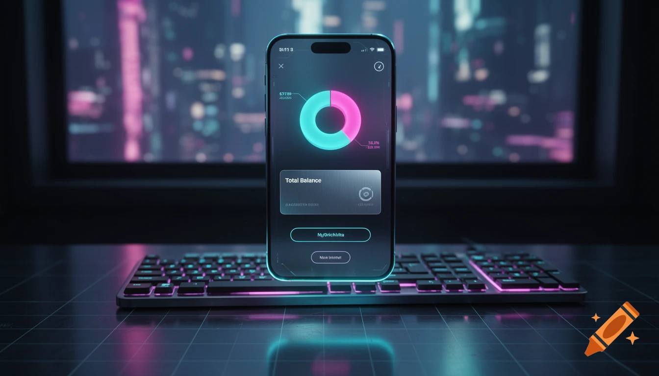 A futuristic smartphone displaying a banking app with a pie chart and "Total Balance" on a desk with a glowing keyboard, set against a blurred cyberpunk city background.