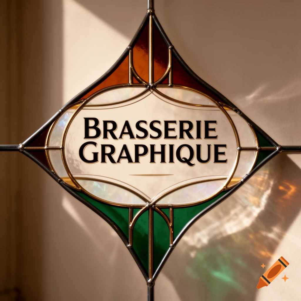 A decorative stained glass window with the text 'Brasserie Graphique' in elegant black letters, featuring amber, white, and green glass with warm light.