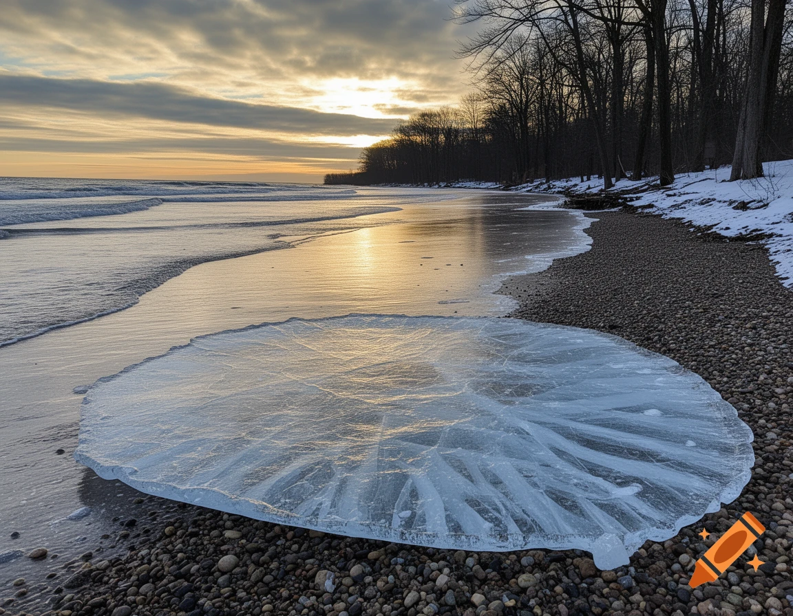 A large, circular piece of cracked ice rests on a pebble beach next to a calm ocean at sunset, with bare trees on the distant shore.