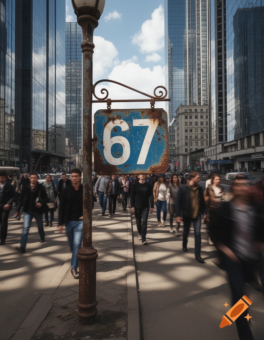 A rusty blue street sign with the number '67' on a lamppost, standing on a busy city sidewalk with blurred people and modern glass buildings under a cloudy sky.