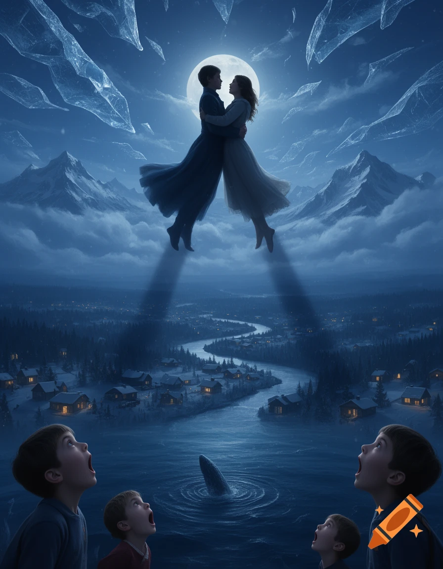 A couple floats under a full moon above a snowy village and mountains, while children and a whale in the water look up in wonder.
