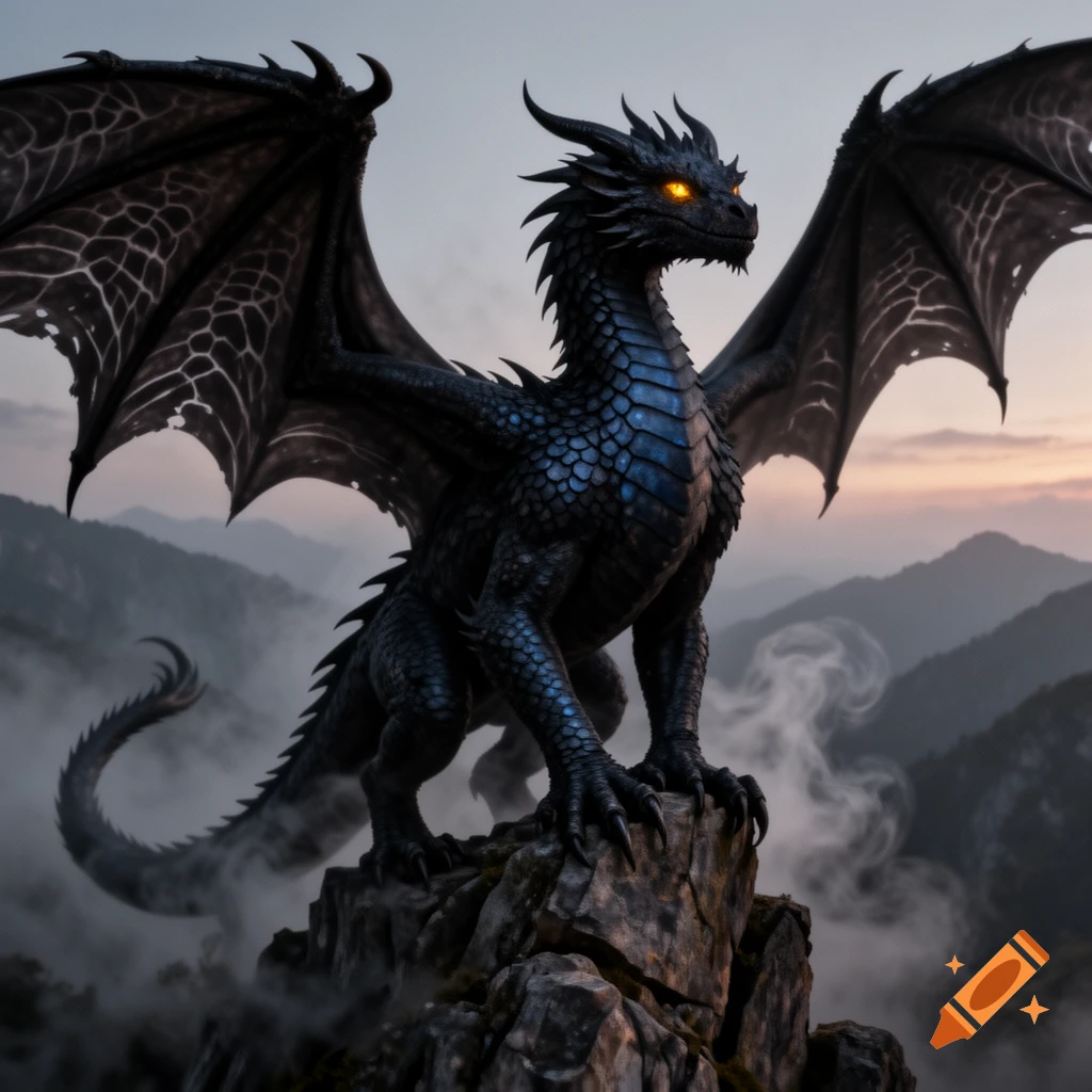 A majestic black dragon with glowing orange eyes perched on a rocky mountain peak at sunset, surrounded by misty mountains.