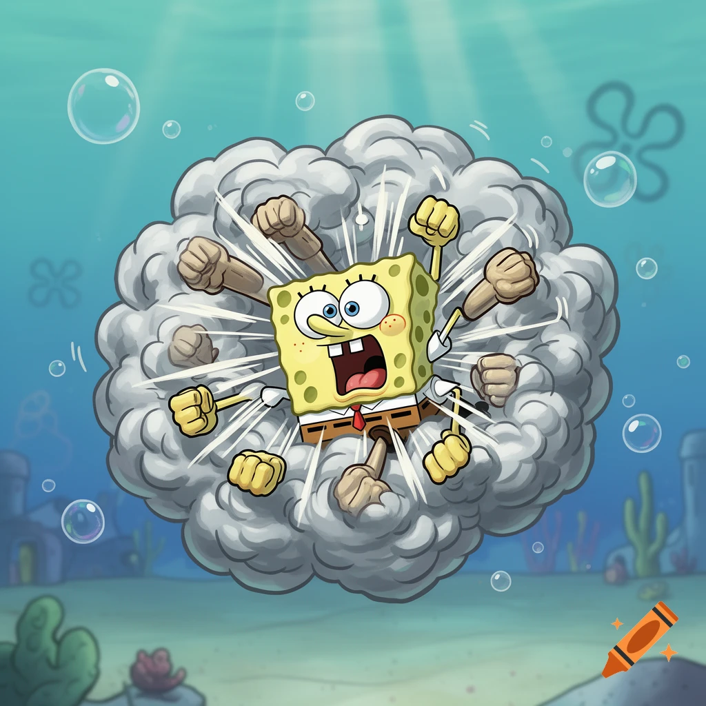 SpongeBob SquarePants in a cartoon fight cloud underwater, with multiple flailing arms and a scared expression.