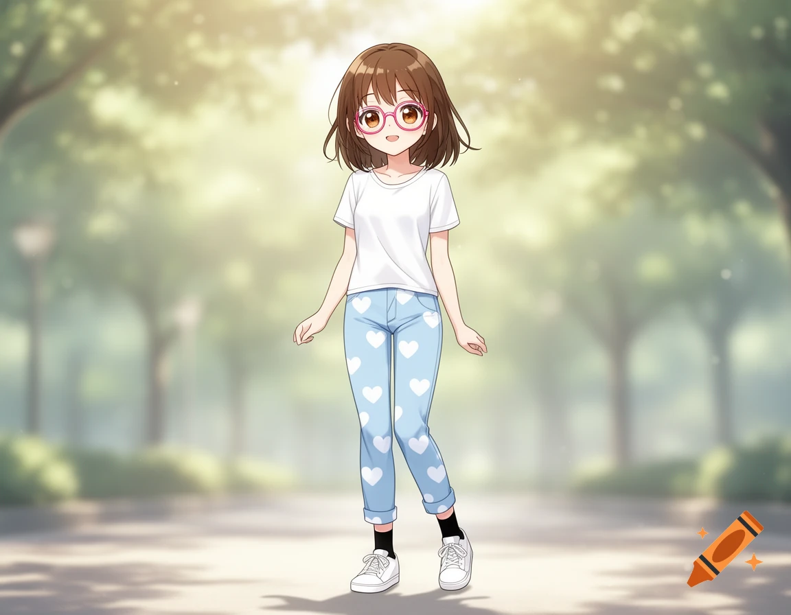 An anime girl with brown hair and pink glasses wearing a white t-shirt, light blue heart-patterned pants, black socks, and white sneakers stands in a park.