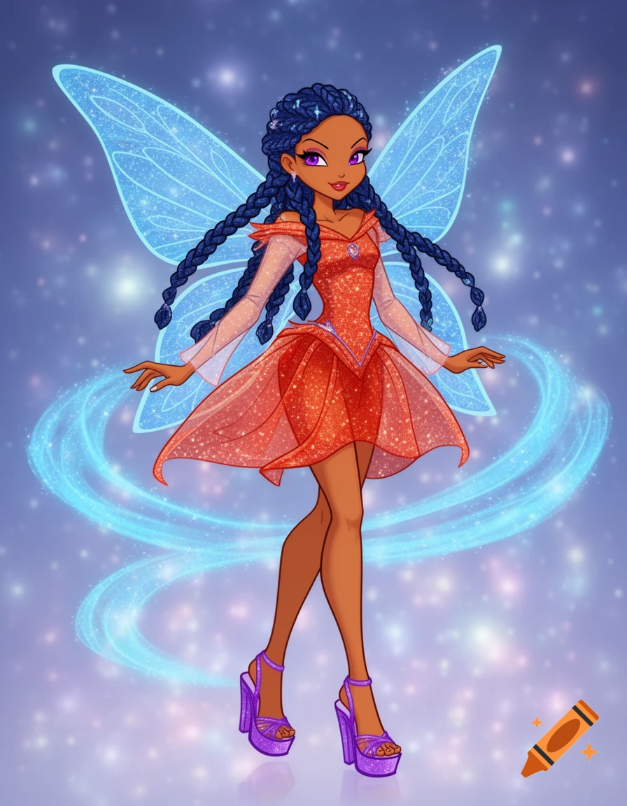 A dark-skinned Winx Club fairy with dark blue box braids, purple eyes, and large blue wings, wearing a sparkly reddish-orange dress and purple wedges, stands against a starry blue background.