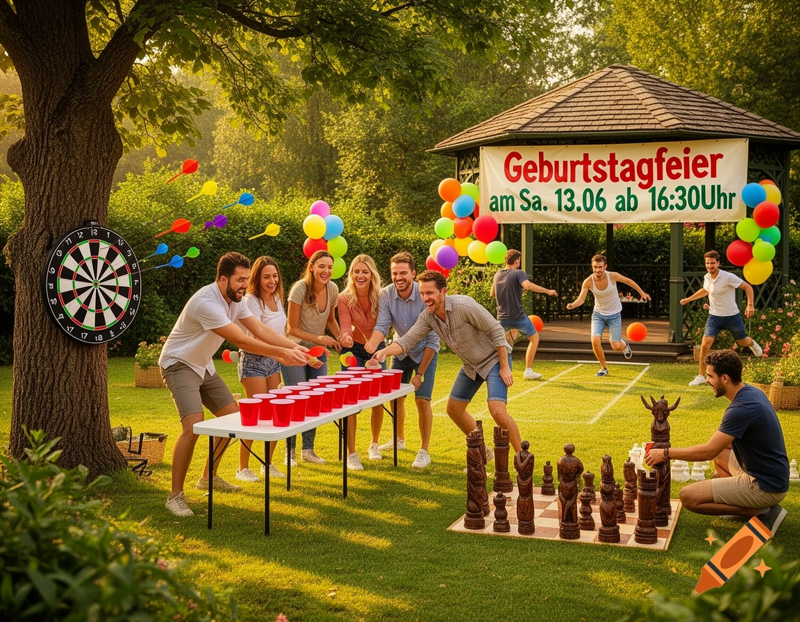 Friends celebrate a birthday party in a sunny backyard, playing beer pong, darts, and giant chess.