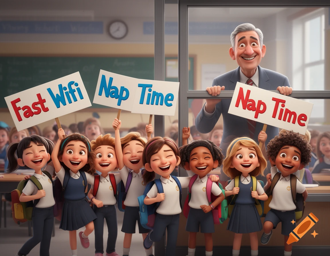 Cheerful Pixar-style students hold 'Fast Wifi' and 'Nap Time' signs while a smiling principal holds a 'Nap Time' sign in a classroom.