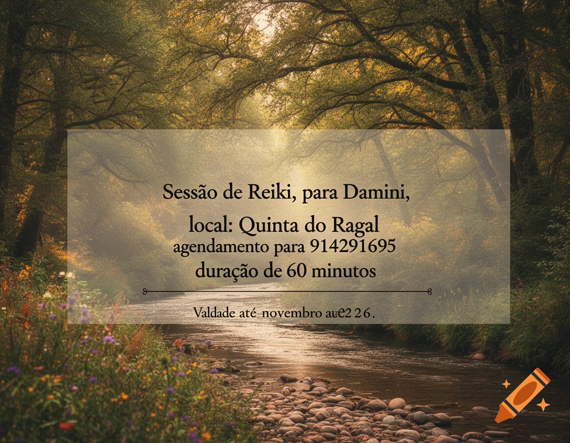 A serene river flows through a lush forest with tall trees and green foliage, under soft sunlight, with a semi-transparent text box overlaying the scene.