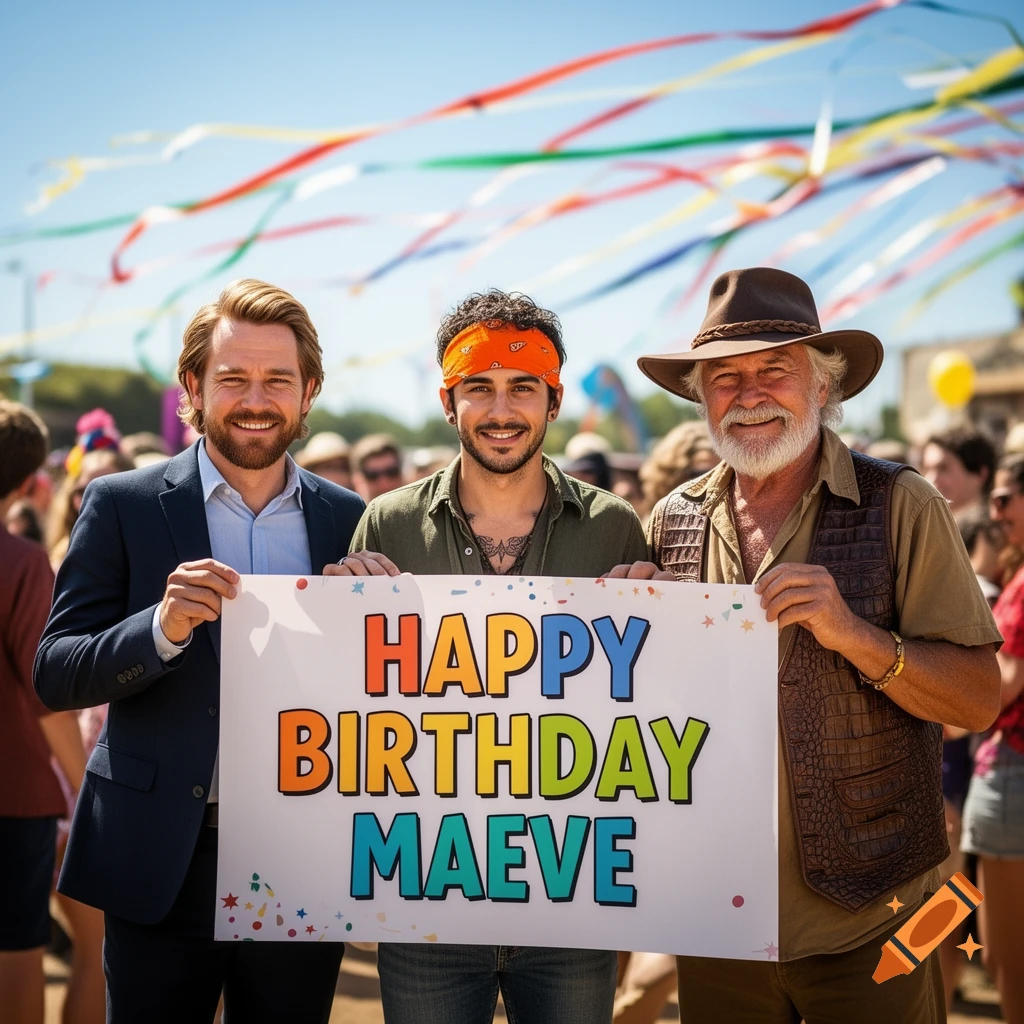 Three men, resembling Ewan McGregor, Shia LaBeouf, and Crocodile Dundee, smile while holding a "Happy Birthday Maeve" sign at an outdoor festival under colorful ribbons.