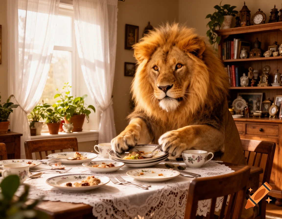 A photorealistic lion sits at a lace-covered dining table, looking at the half-eaten food on a plate in a bright room.