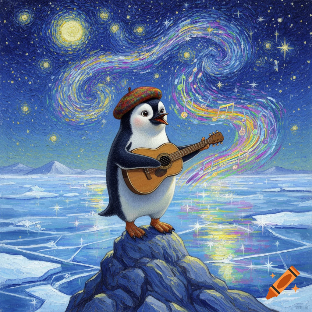 A cartoon penguin in a beret plays a guitar on a rock in a Van Gogh-style icy landscape under a swirling, starry night sky with colorful musical notes.