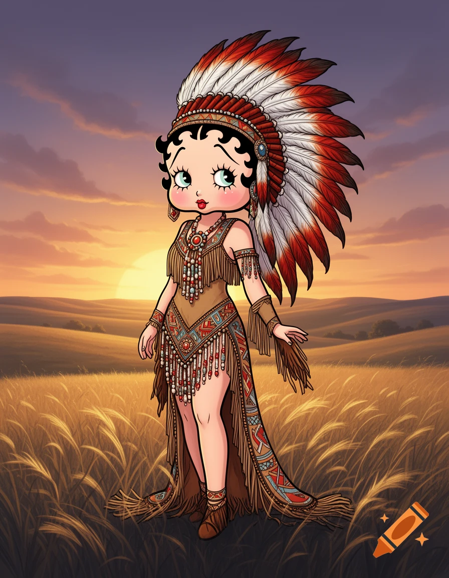 Betty Boop in Native American-inspired attire with a feathered headdress, standing in a field at sunset.