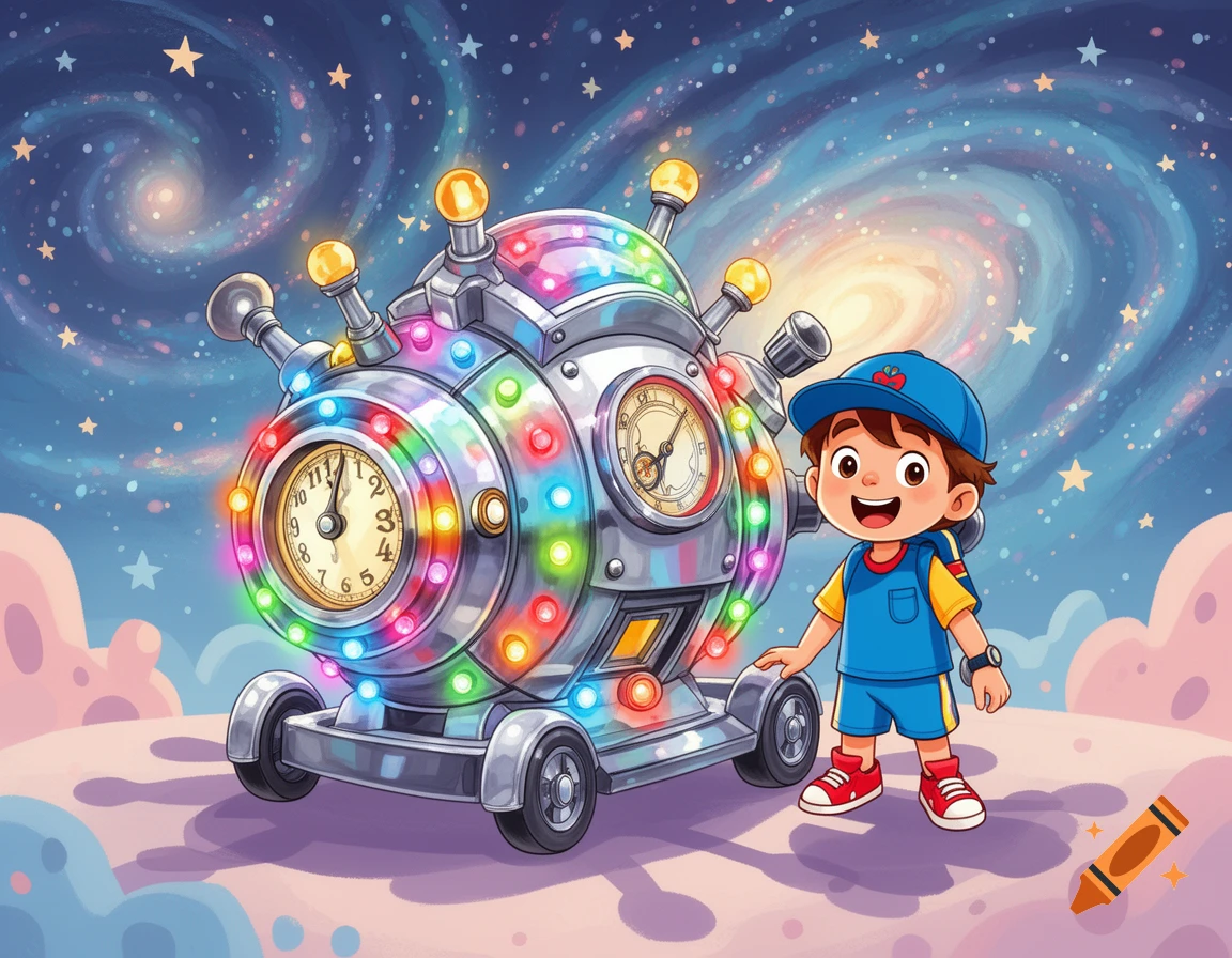 A smiling boy in a blue cap stands next to a colorful, light-up time machine with clocks, against a starry galaxy background in a cartoon style.