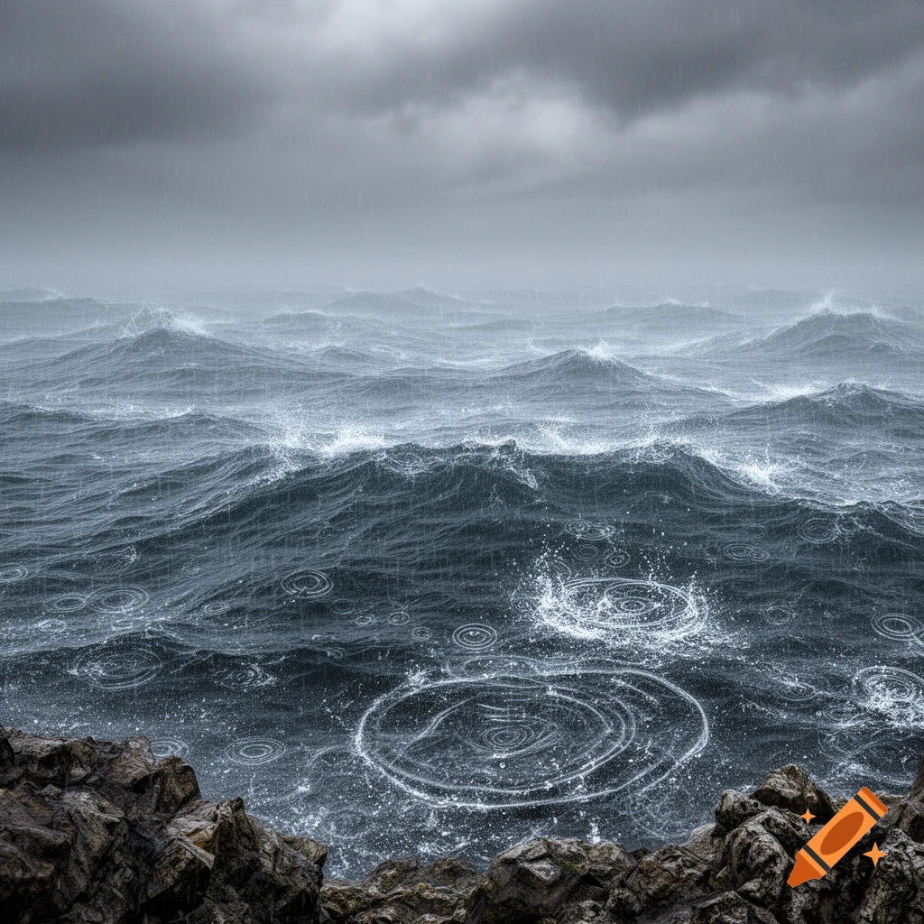 A dark, stormy ocean with large waves and heavy rain, viewed from a rocky shore under a gloomy sky.