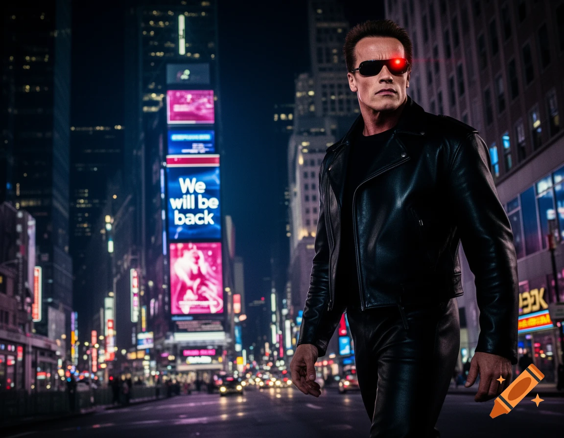Arnold Schwarzenegger as the Terminator, with a red glowing eye, walks on a night city street with bright billboards, one reading "We will be back".