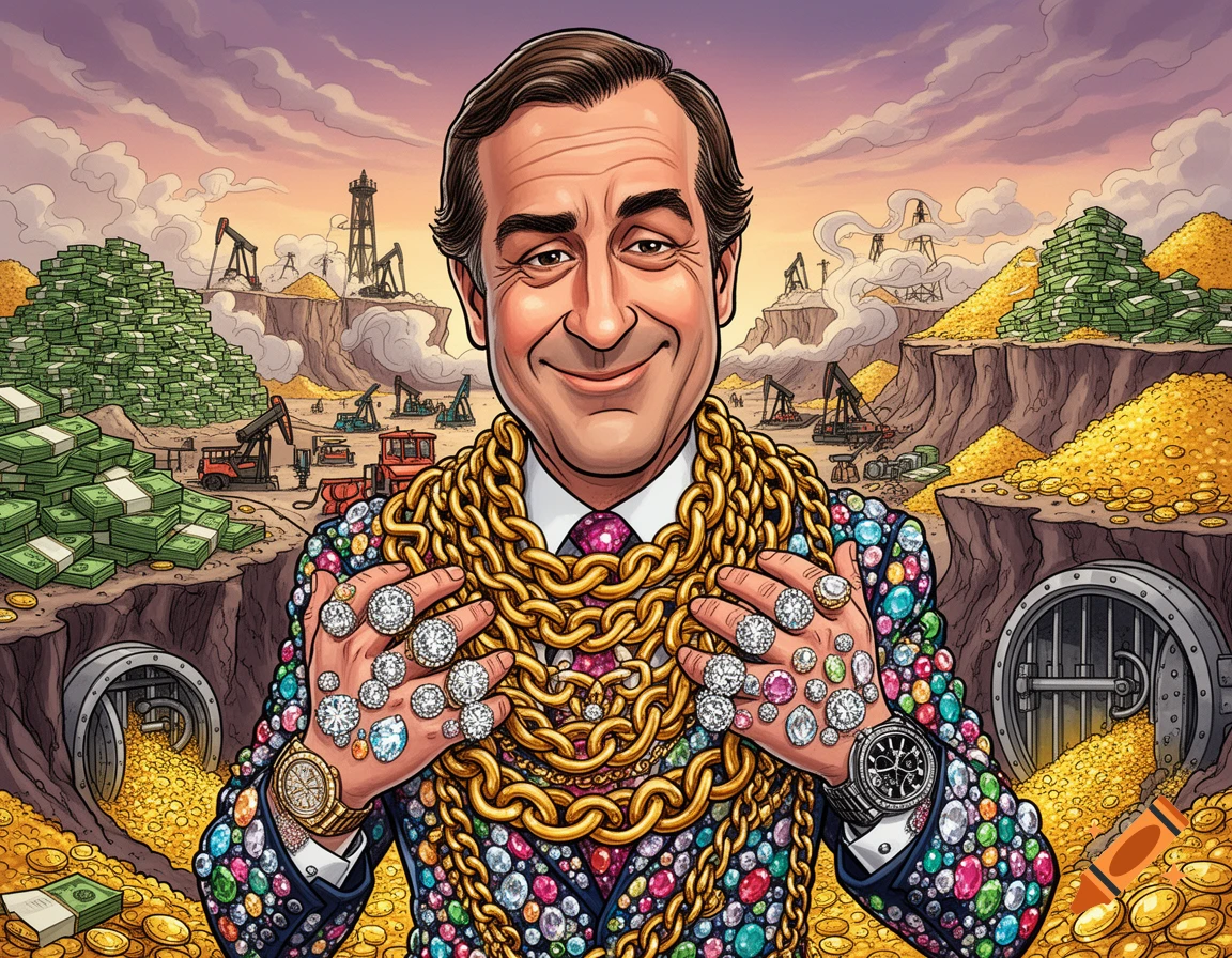 Smiling cartoon caricature of a wealthy politician covered in gold chains and gemstones, surrounded by piles of cash, gold, and oil rigs.