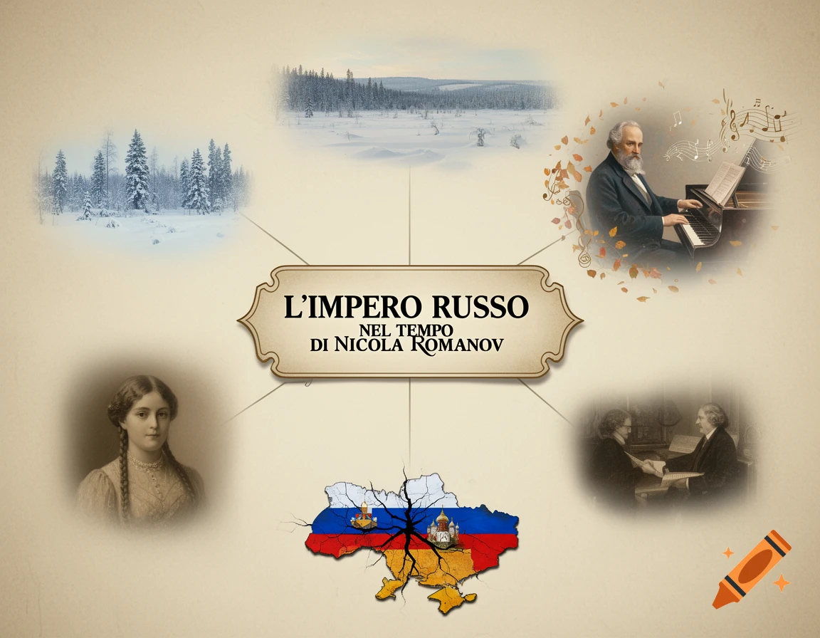 A concept map about the Russian Empire during Nicholas Romanov's time, featuring images of winter landscapes, Tchaikovsky, Anastasia Romanov, and a cracked map of Ukraine with Russian and Ukrainian flag elements.