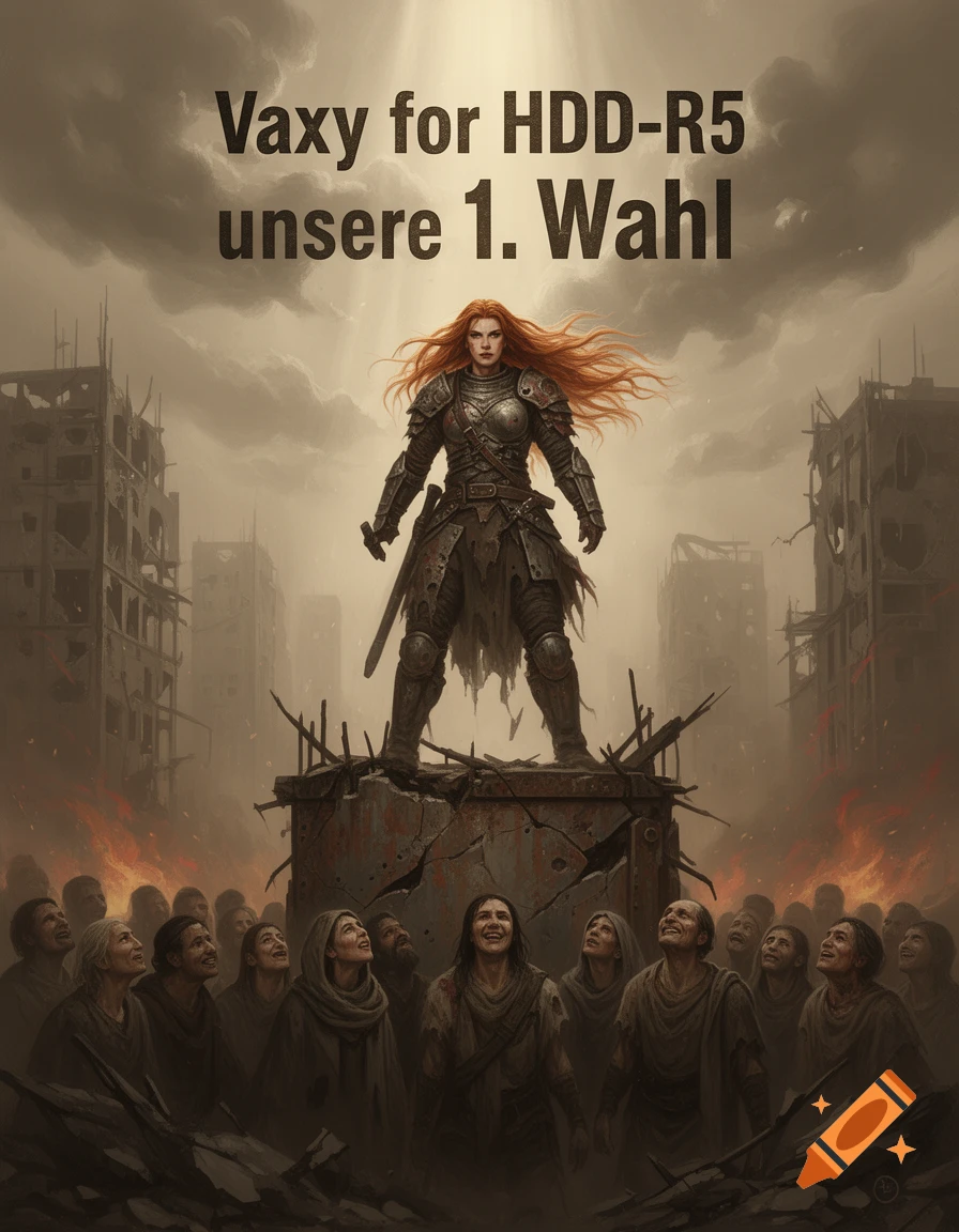 Red-haired warrior in ornate armor on a pedestal in a destroyed city, with survivors looking up. Text: "Vaxy for HDD-R5 unsere 1. Wahl".