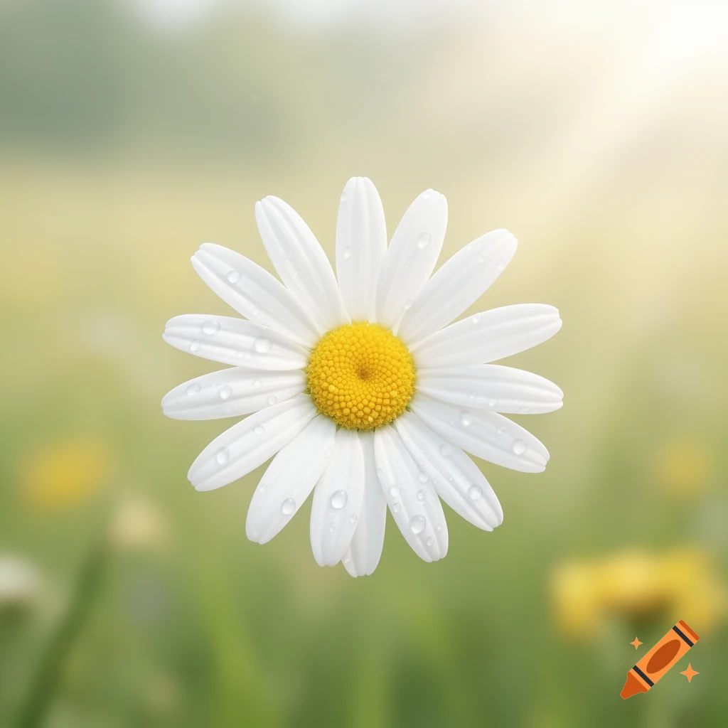 A close-up of a white daisy with a yellow center and water droplets on its petals, set against a soft blurred background.