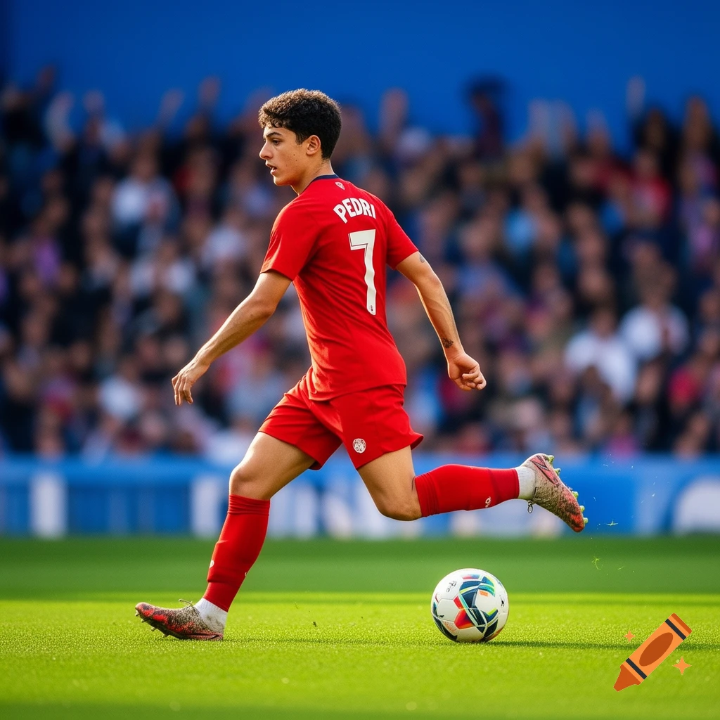 A male soccer player in a red jersey with 'PEDRI 7' on the back kicks a ball on a green field during a game.