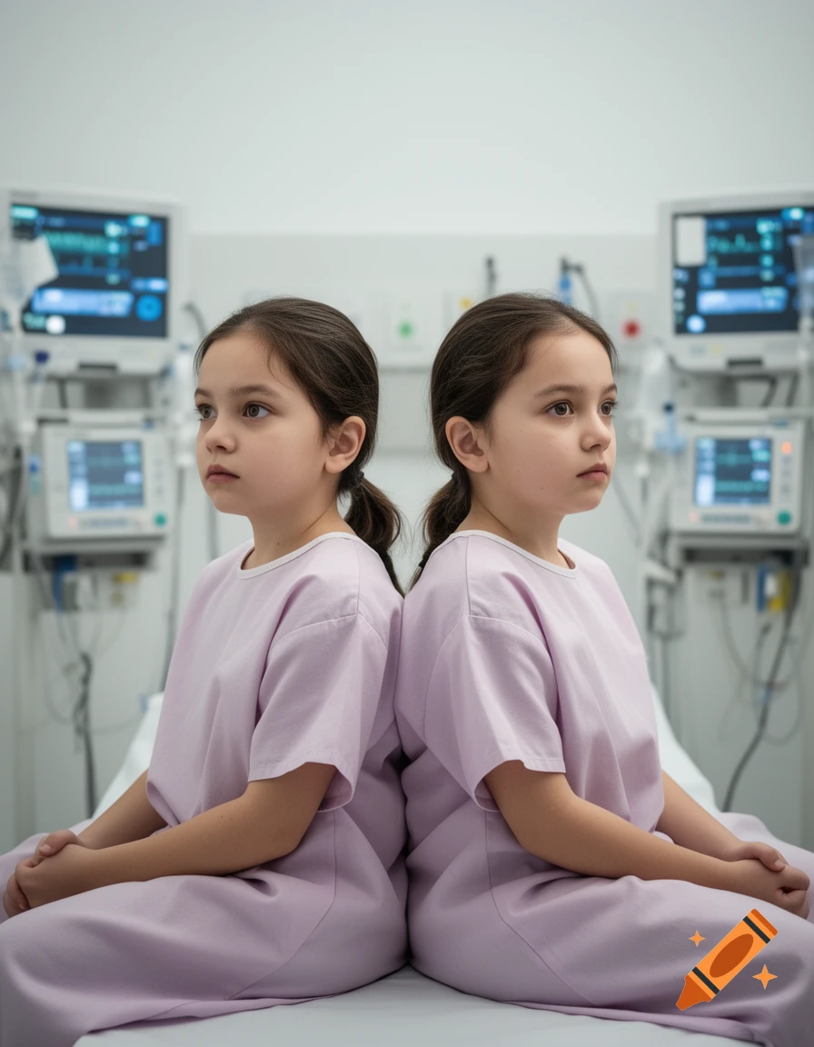 Two young girls in patient gowns sit back-to-back in a hospital room with medical equipment in the background.