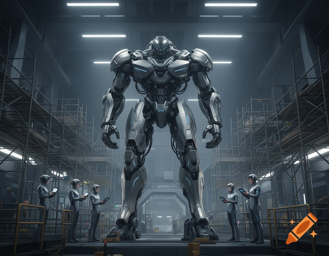 A colossal silver and blue mech robot stands in a futuristic factory with scaffolding, observed by humans.