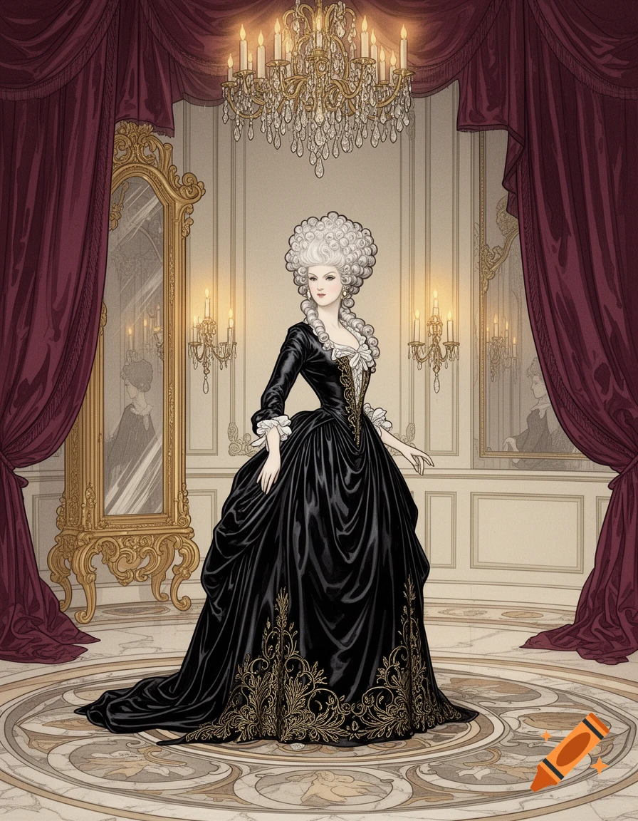 An 18th-century marquise in a black satin gown with gold embroidery and a white wig, in a lavish room, illustrative style.
