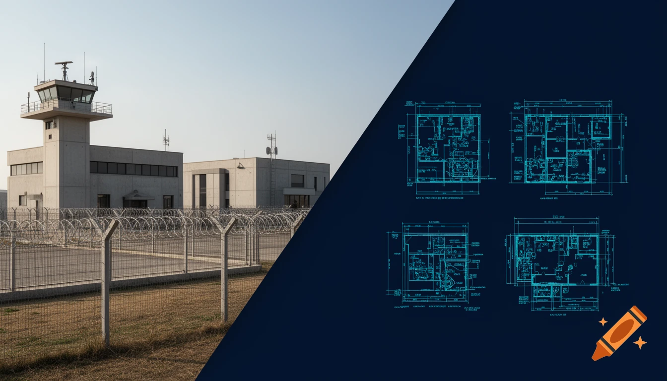 Split image showing a photorealistic military compound on the left and its cyan architectural blueprints on a dark blue background on the right.