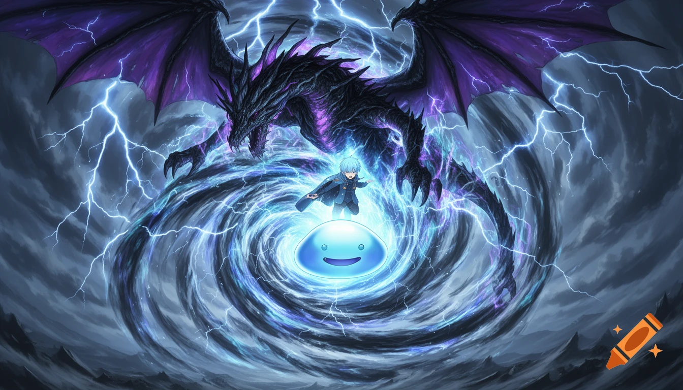 An anime-style black dragon with purple wings and blue lightning above a character and glowing blue slime in a swirling vortex.
