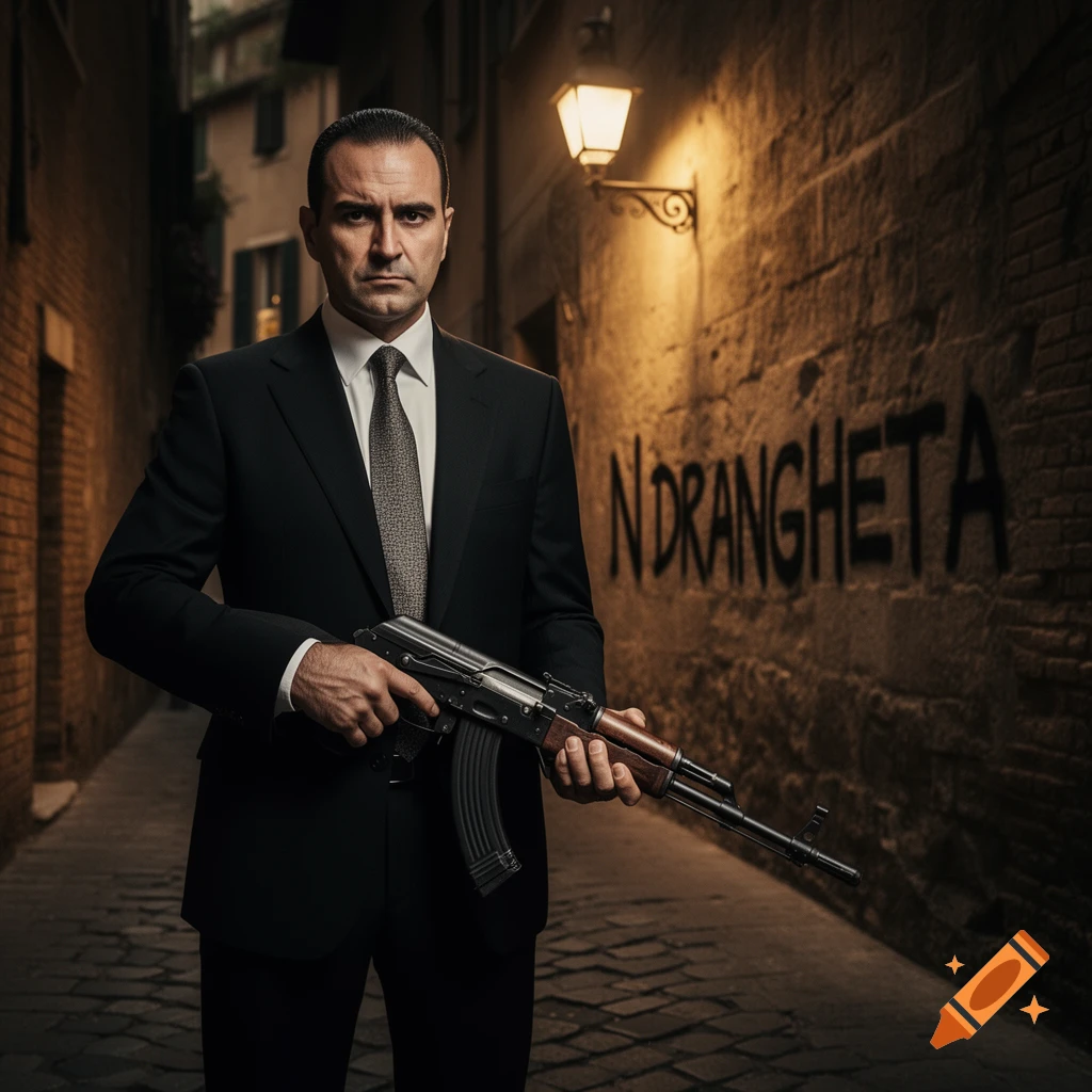 A man in a dark suit with slicked-back hair holds an AK-47 in a dimly lit alley, with "NDRANGHETA" graffitied on a brick wall.