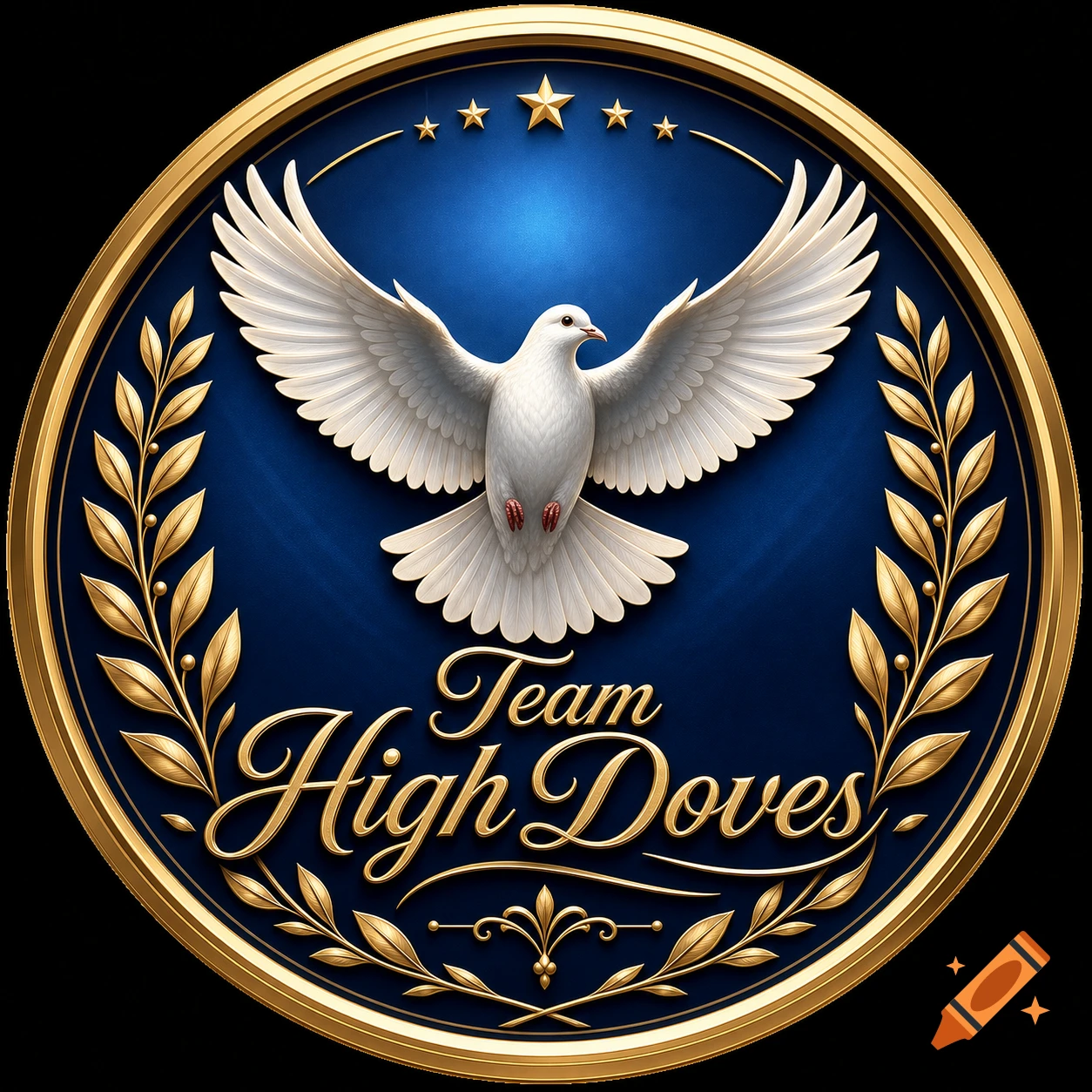A gold and blue circular emblem featuring a white dove with spread wings, olive branches, stars, and the text "Team High Doves".