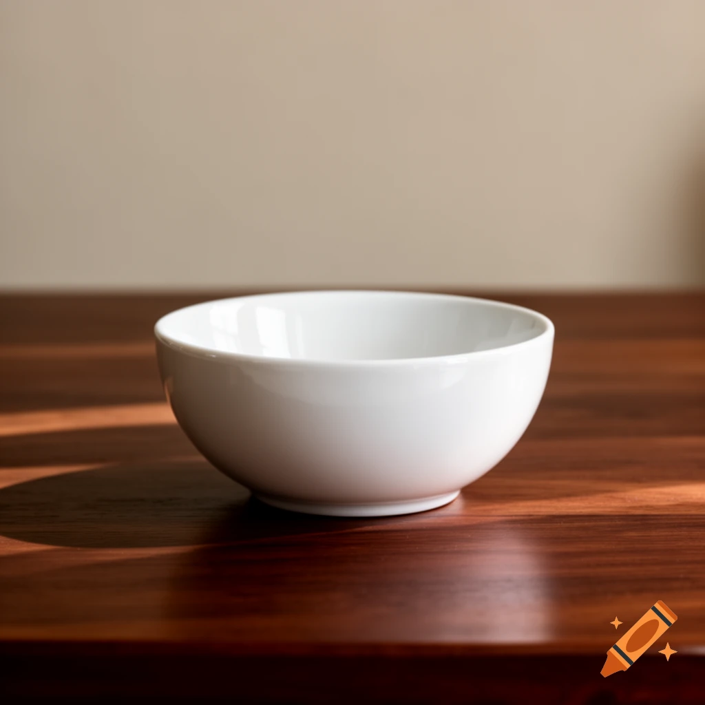 A white ceramic bowl sits on a polished wooden table, illuminated by sunlight.