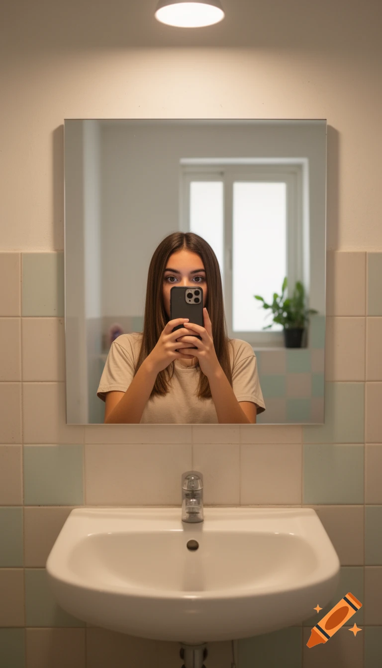 A young woman with brown hair takes a mirror selfie in a bathroom, holding her phone in front of her face.