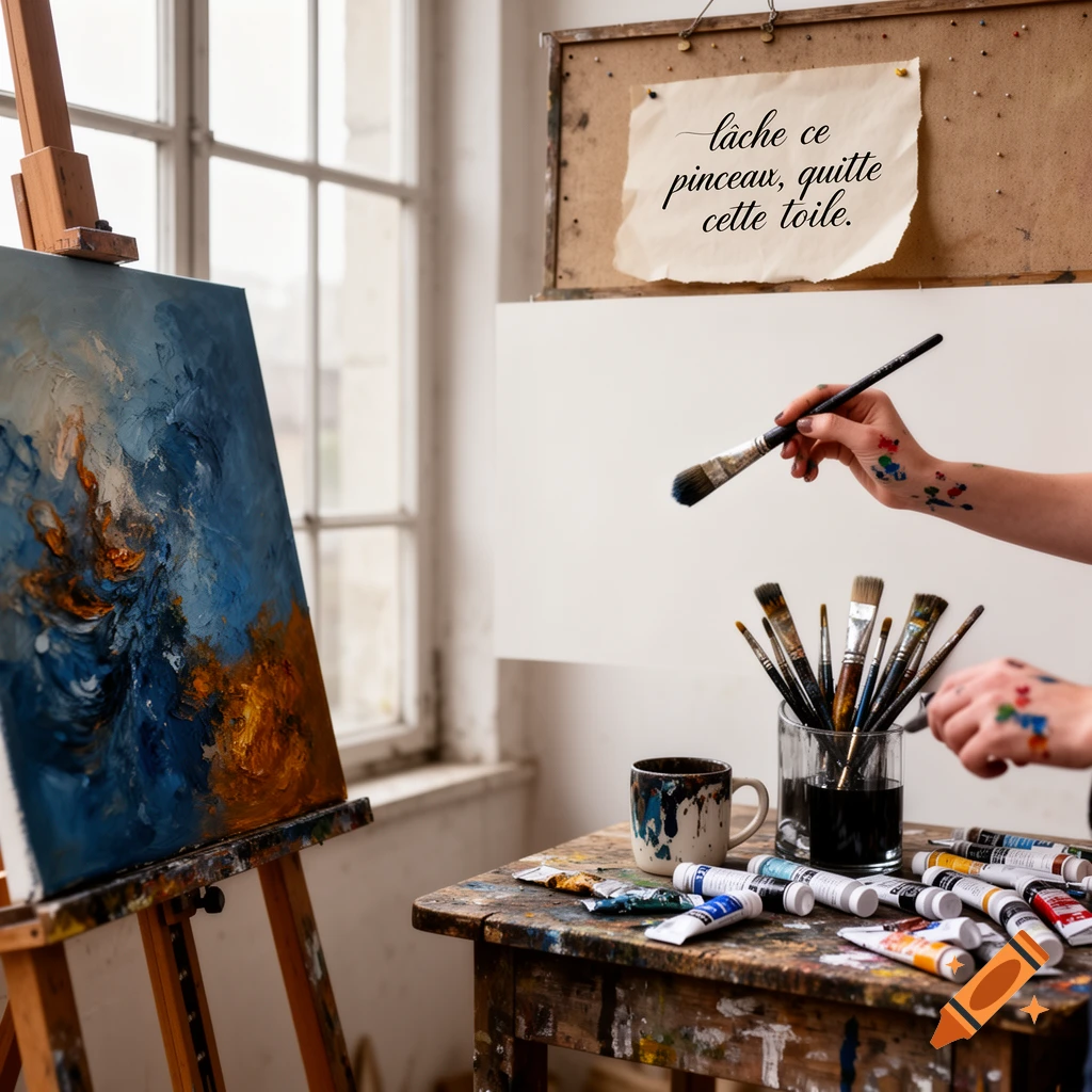 An artist's studio featuring an abstract painting on an easel, a hand holding a paintbrush, and various art supplies on a paint-splattered table.