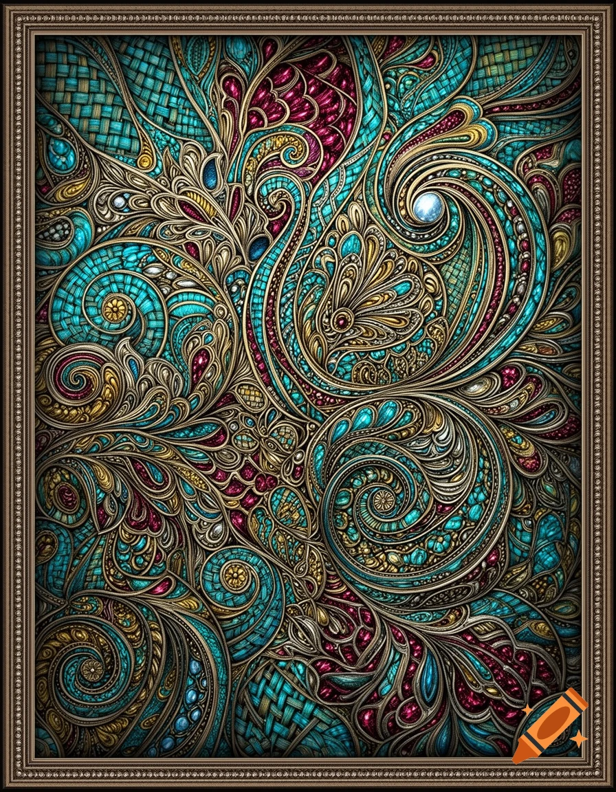 Intricate zentangle art with swirling, ornate patterns in metallic gold, turquoise, and deep magenta, framed.