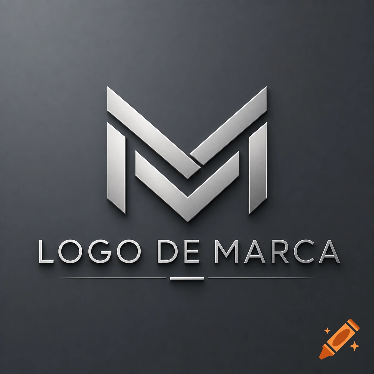 A sleek, metallic silver M-shaped logo above the words "LOGO DE MARCA" in silver, all on a dark gray background.
