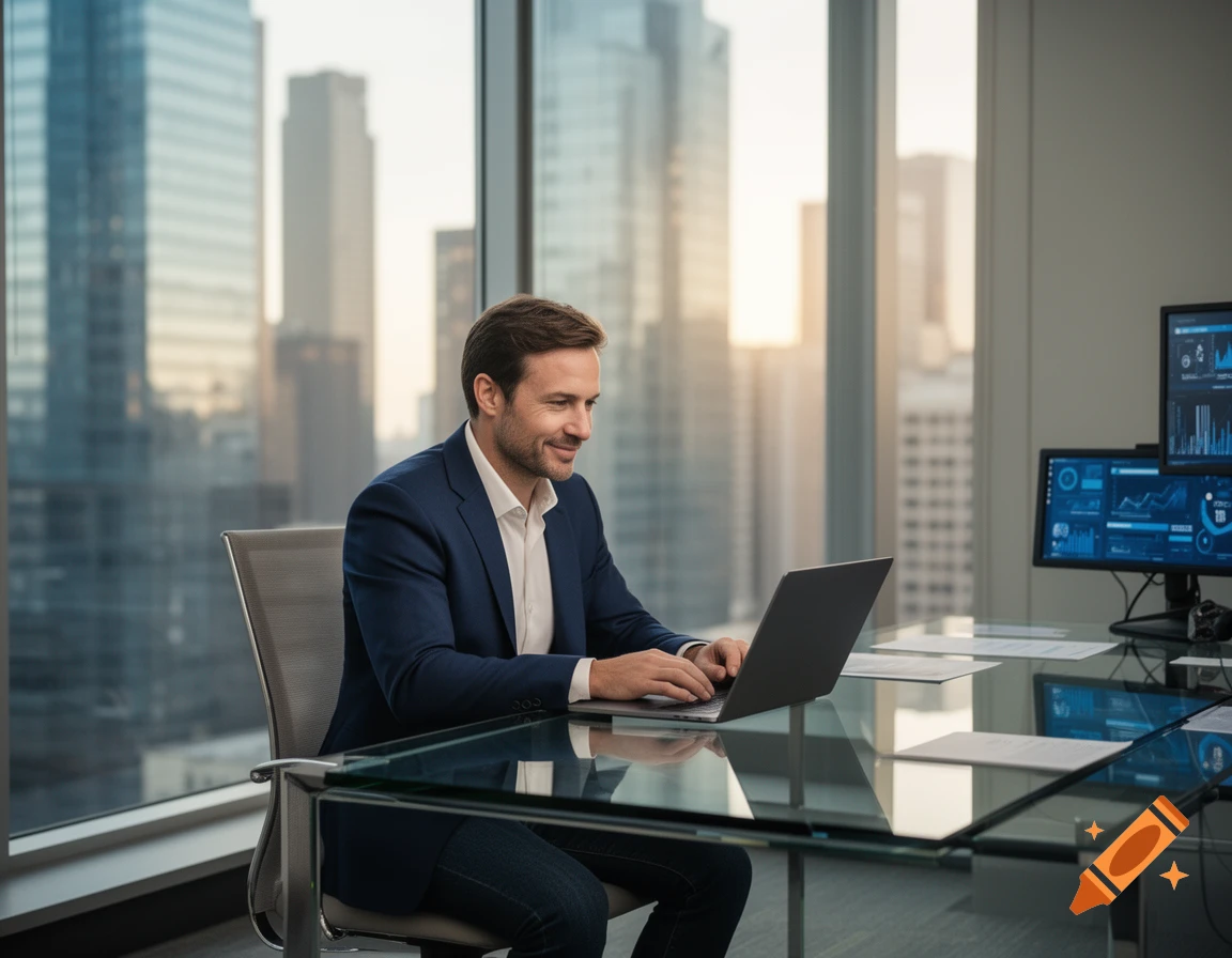 A smiling businessman works on a laptop at a glass desk in a modern office with a city skyline view and multiple computer monitors.