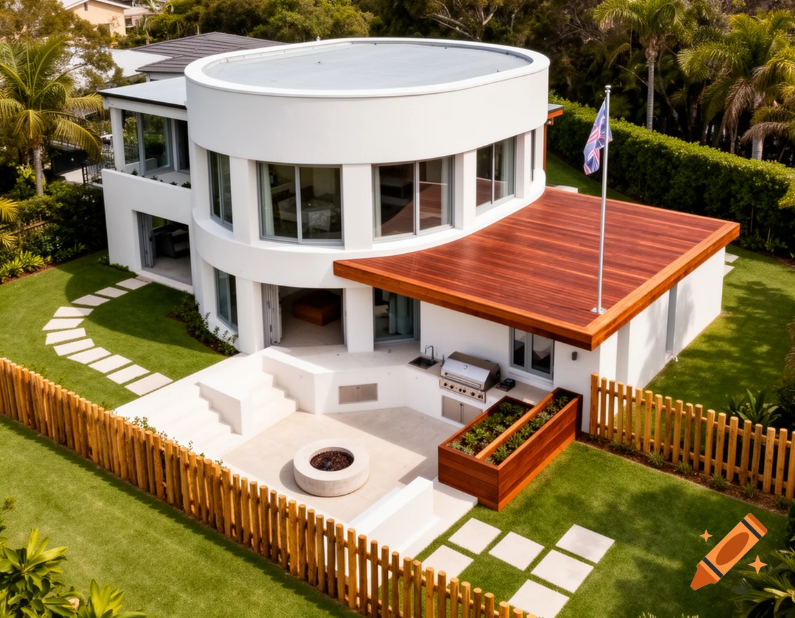 Aerial view of a modern white house with a curved facade, wooden deck, flagpole, firepit, and lush green lawn.